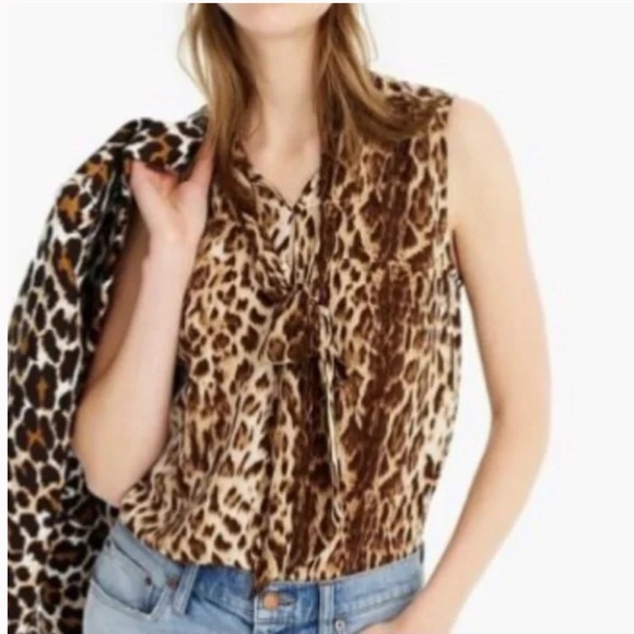 J. CREW LEOPARD PRINT TIE NECK SLEEVELESS TOP SIZE XS - Picture 2 of 10